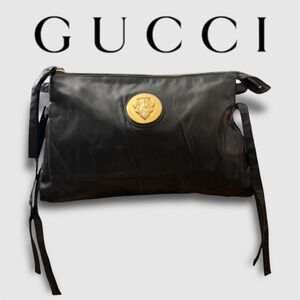 Gucci Hysteria Black Leather Underarm Clutch Gold Crest Authenticated